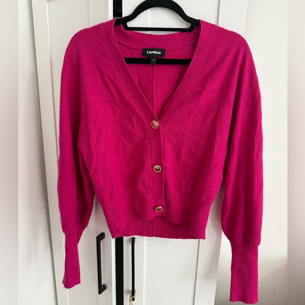 Express Bright Fuchsia Button-Front V-Neck Cardigan